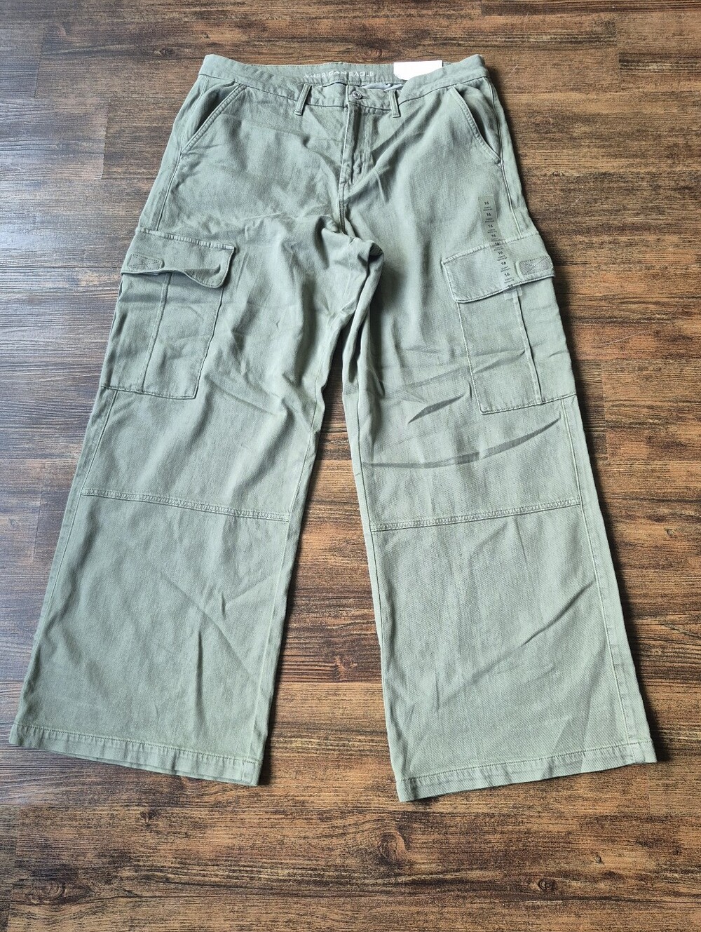 American Eagle High Rise Wide Leg Baggy Stretch Olive Green Size 16 - Picture 3 of 8